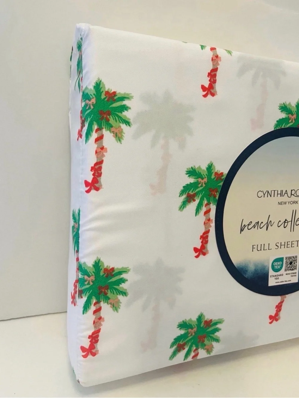 Cynthia Rowley Beach Collection Full Size Sheet Set Bows on Palm Trees